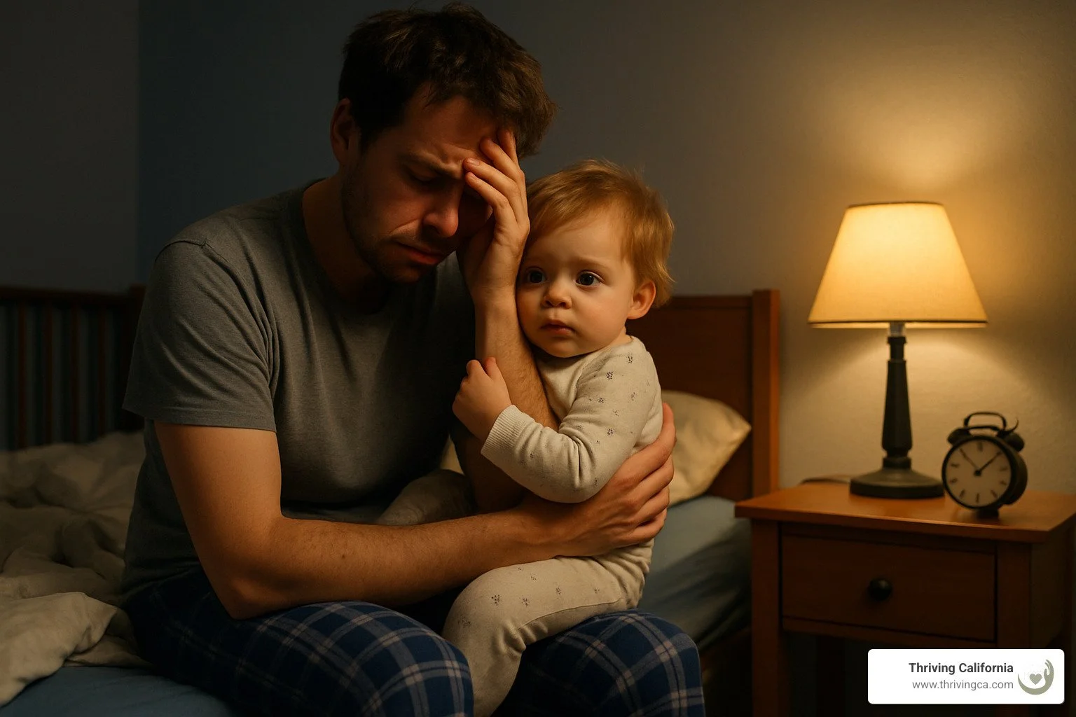 exhausted parent with young child at night - therapy for parents