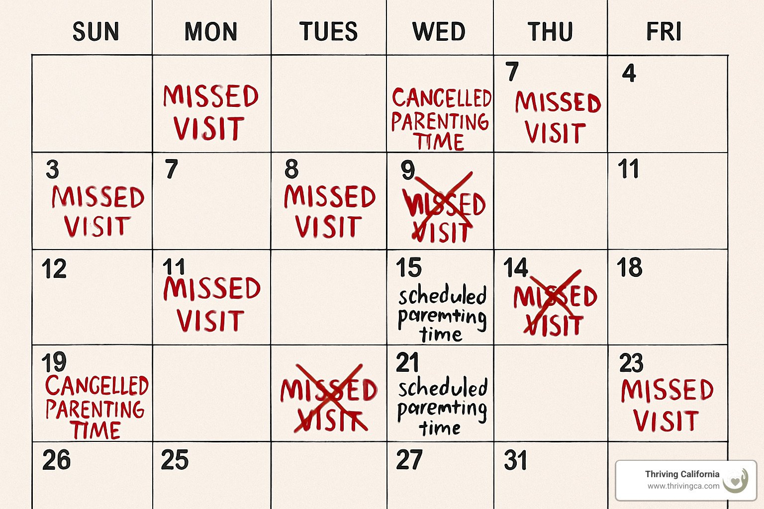 Calendar showing pattern of missed visits and cancelled parenting time - parental alienation counselor near me