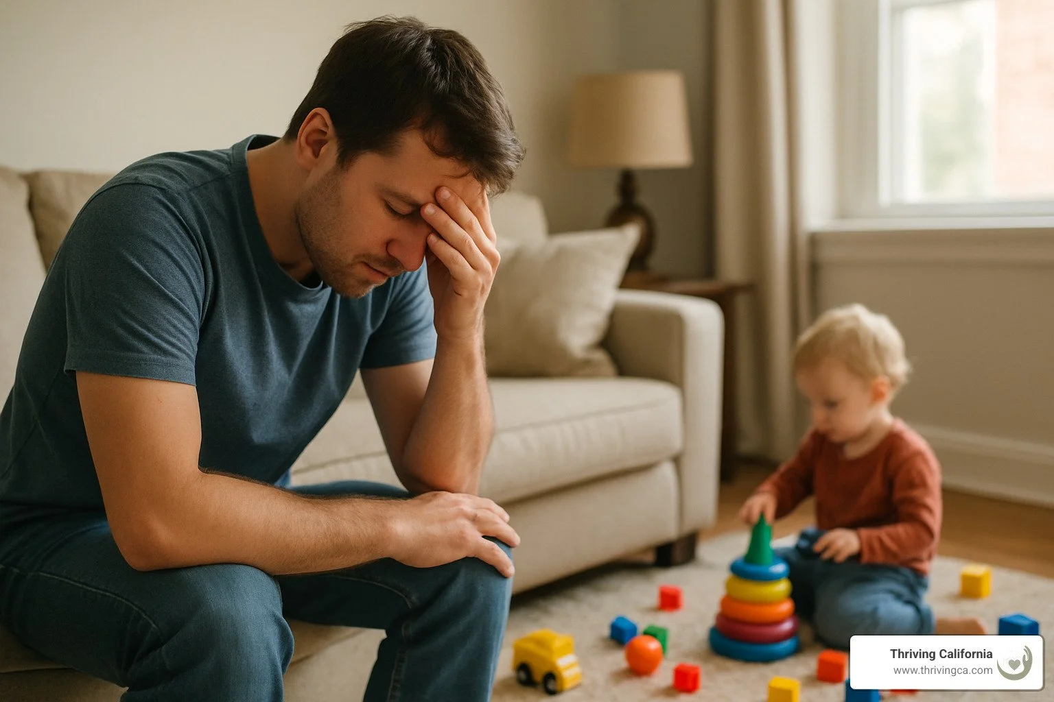 parent looking overwhelmed while child plays - therapy to be a better parent