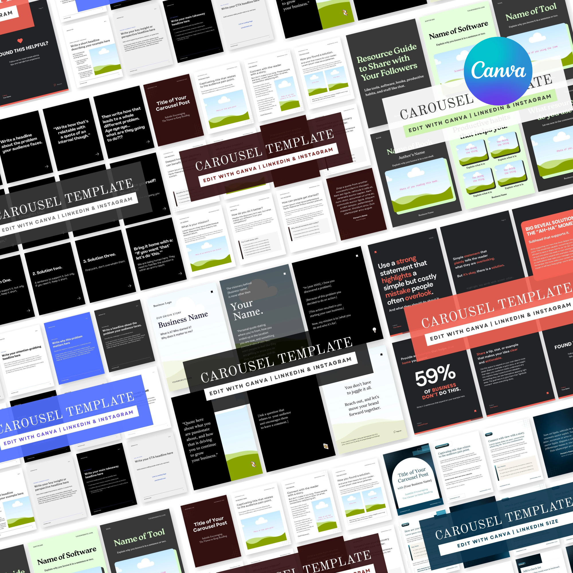 LinkedIn & Instagram Carousel Templates Bundle | 7 Editable Canva Templates with Writing Prompts