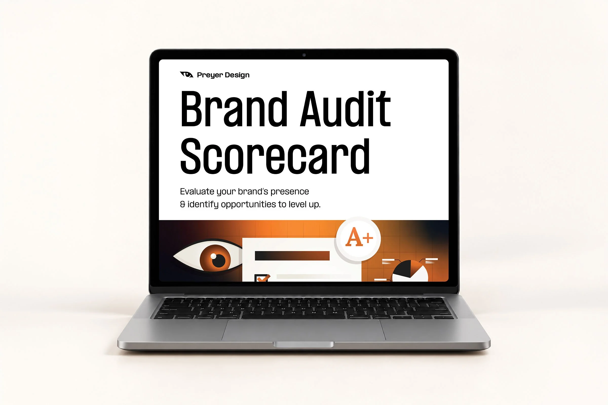 Brand Audit Scorecard PDF displayed on a laptop for reviewing and improving a small business brand.