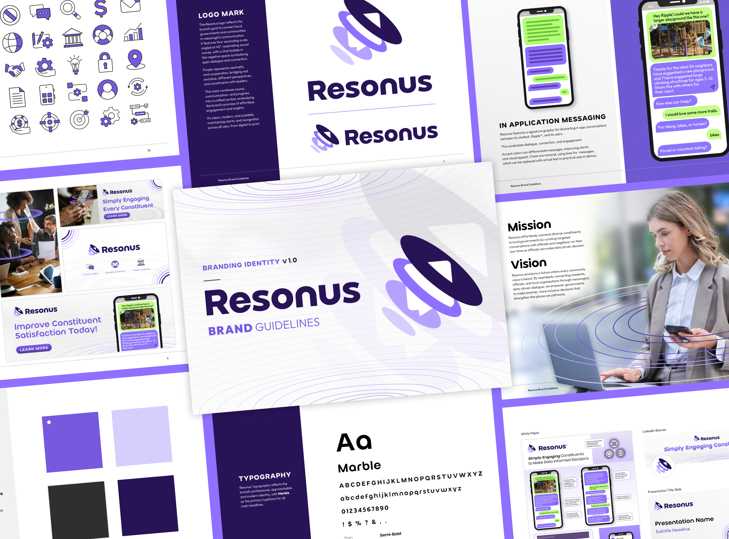 A collection of brand guidelines and presentation slides for a company called Resonus. The slides feature purple, white, and black color schemes, with icons, text, and images illustrating branding concepts, messaging, typography, and application exam