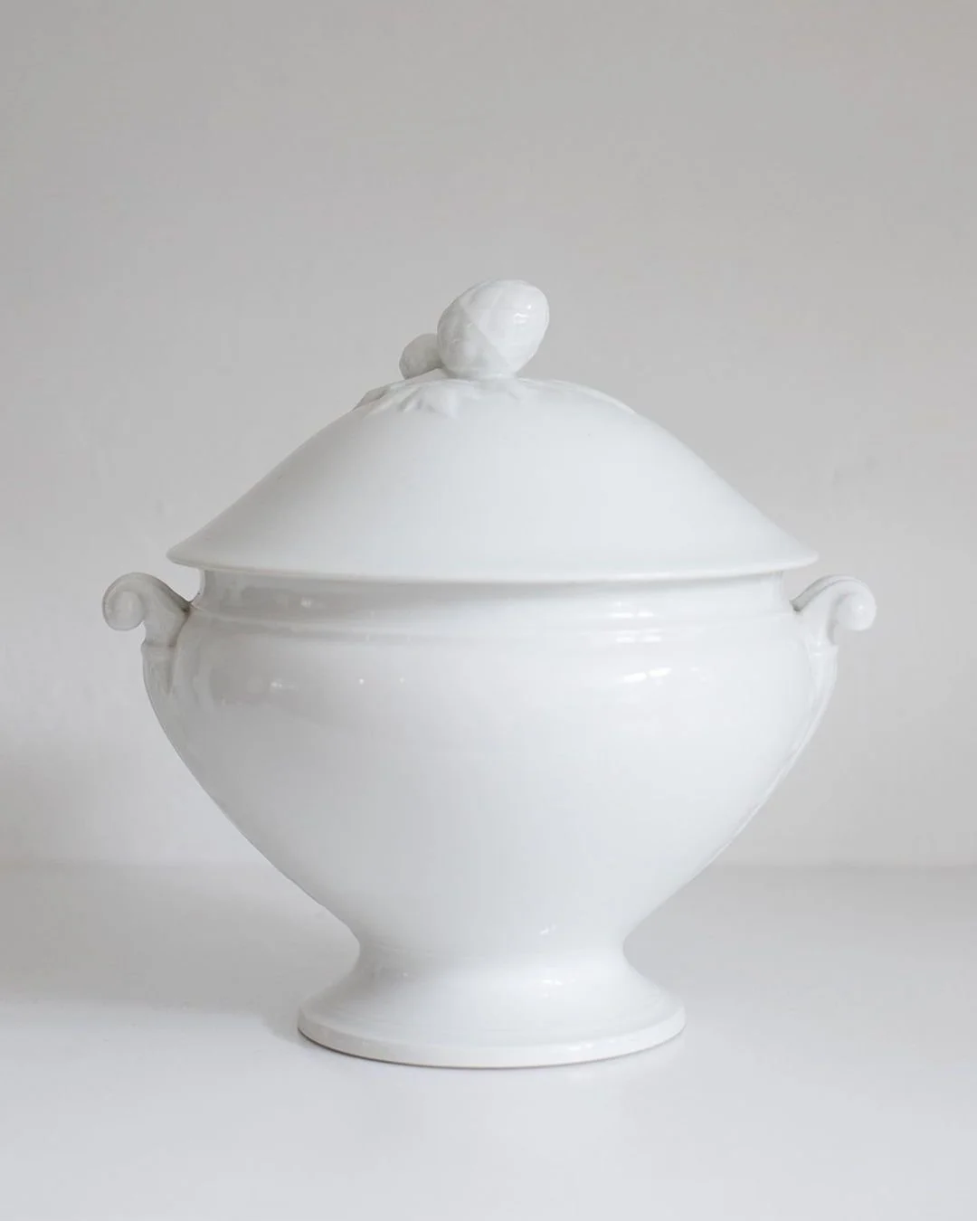 Mom's home cooking 

French Early 20th Century Ironstone Tureen 
A gorgeous early-20th century white ironstone tureen, with fitted lid, from France. The stylish lid features a handle that is made in the form of an artichoke. The brilliant white finis