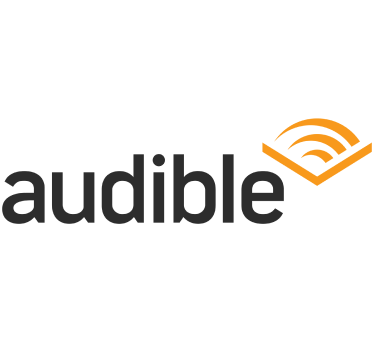 Logo of Audible with black text and an orange open book icon emitting sound waves
