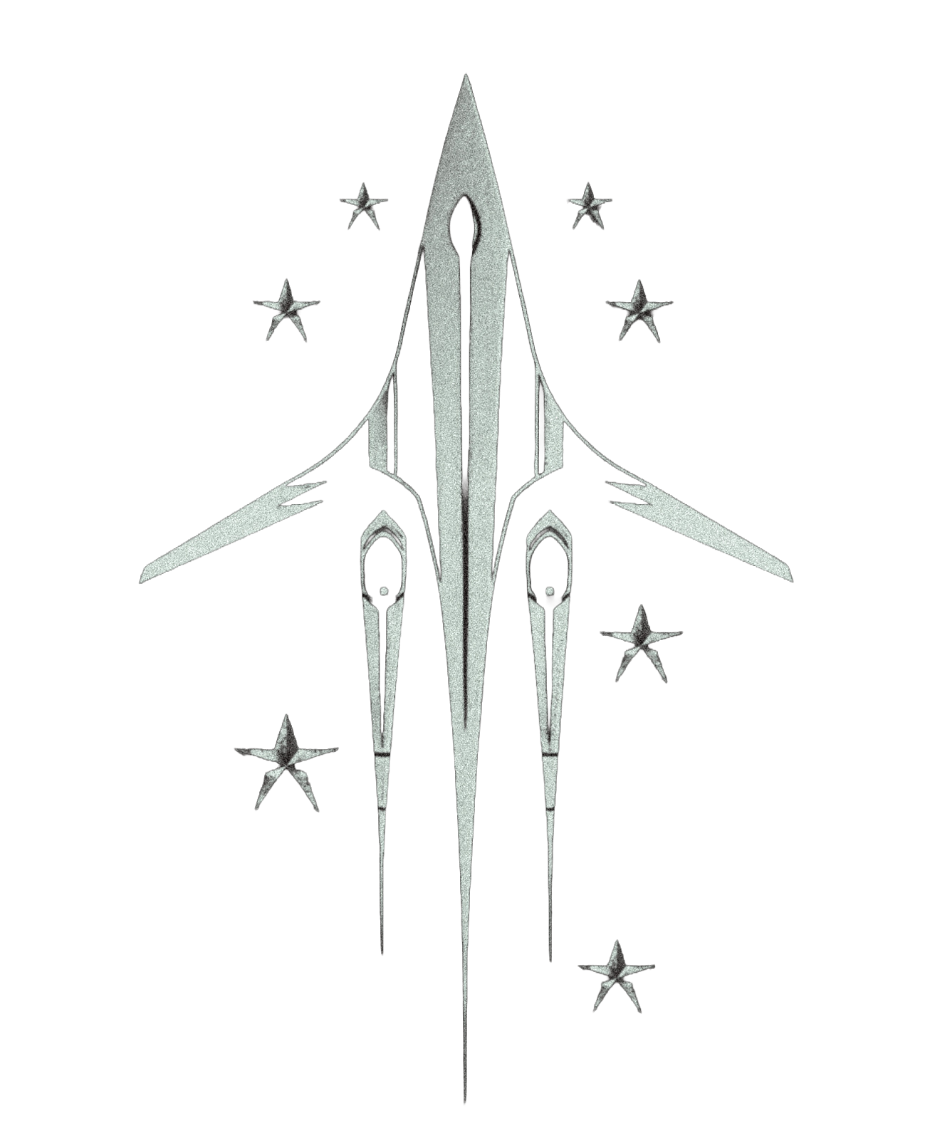 A stylized metallic starship with sharp angles and extended wings, surrounded by smaller metallic stars.