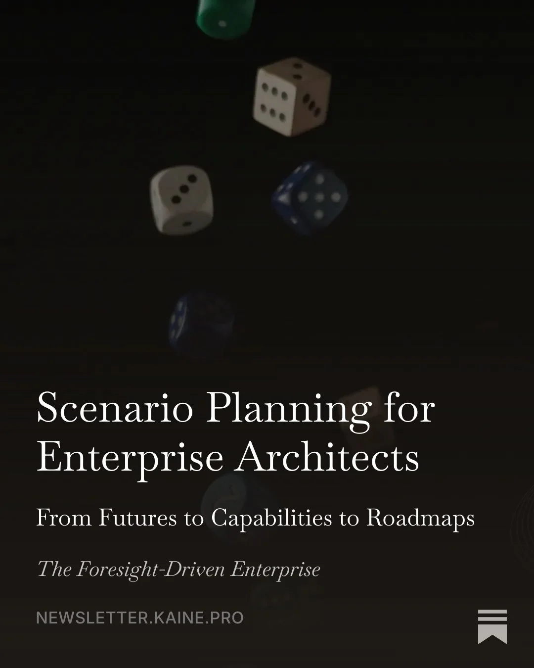 Cover image showing falling dice, dark background, with overlay text about scenario planning for enterprise architects.