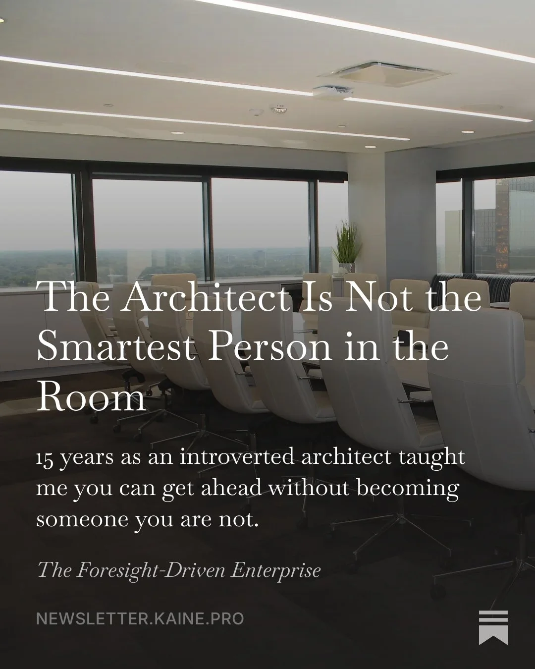 A modern conference room with a long table, white chairs, large windows, and cityscape view.