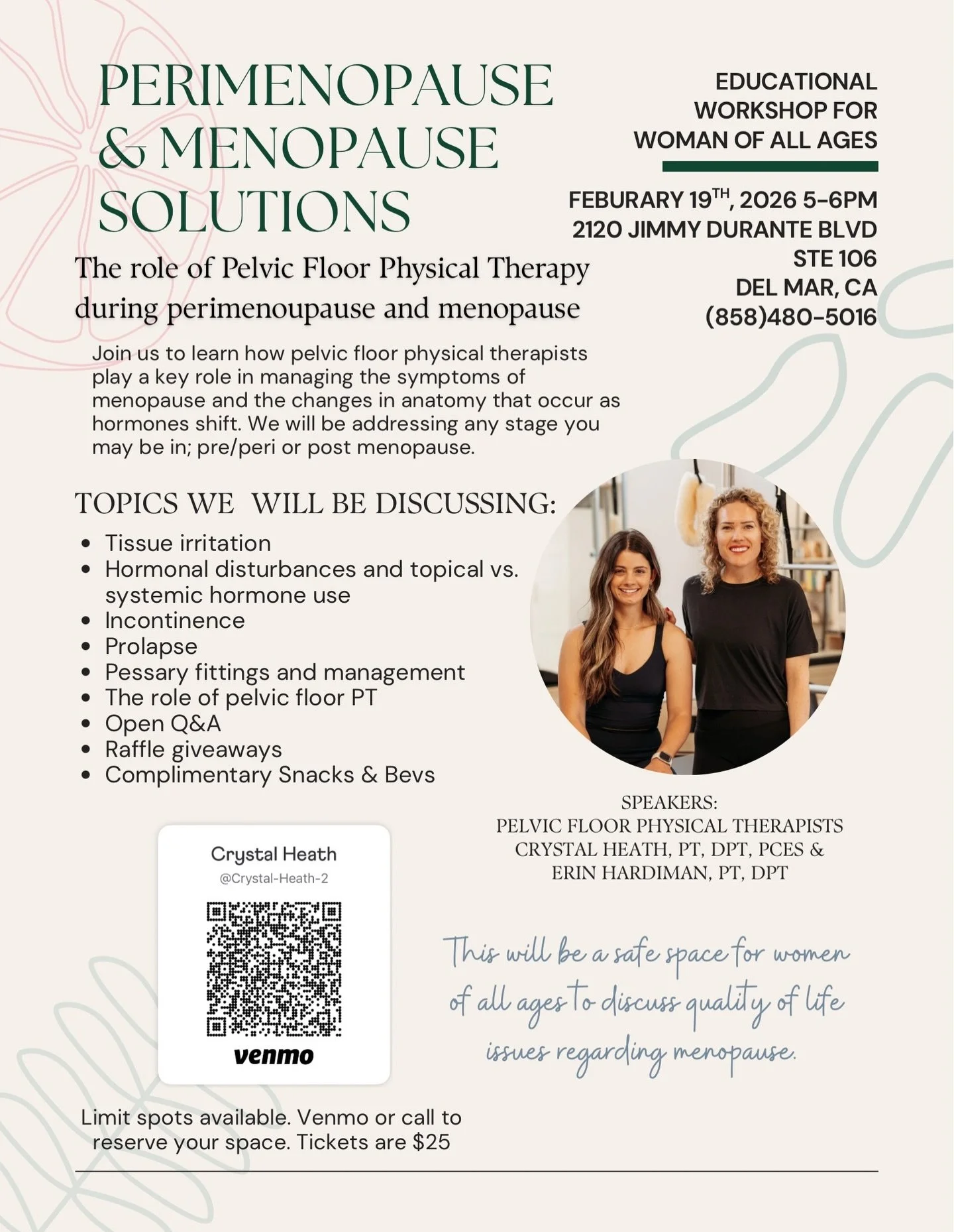 Perimenopause and menopause can bring changes that affect your daily life &mdash; but you don&rsquo;t have to navigate them alone. 🤍
Join us for an educational workshop on how pelvic floor physical therapy can support your body through hormonal shif