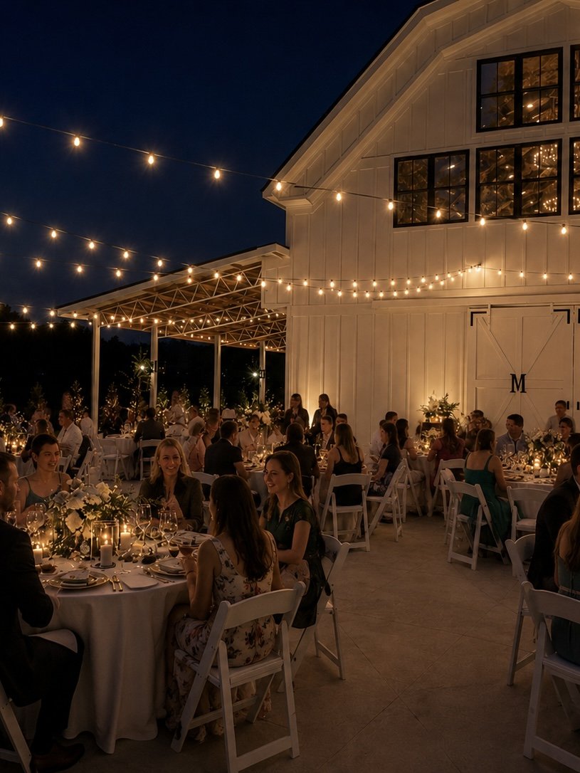 Reception under the bistro lights on the patio of the Milk and Honey Barn near Catawba County, NC