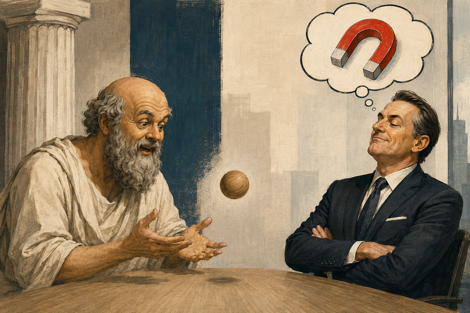 Socrates watches a floating wooden ball with curiosity while a business executive imagines a magnet as its explanation.