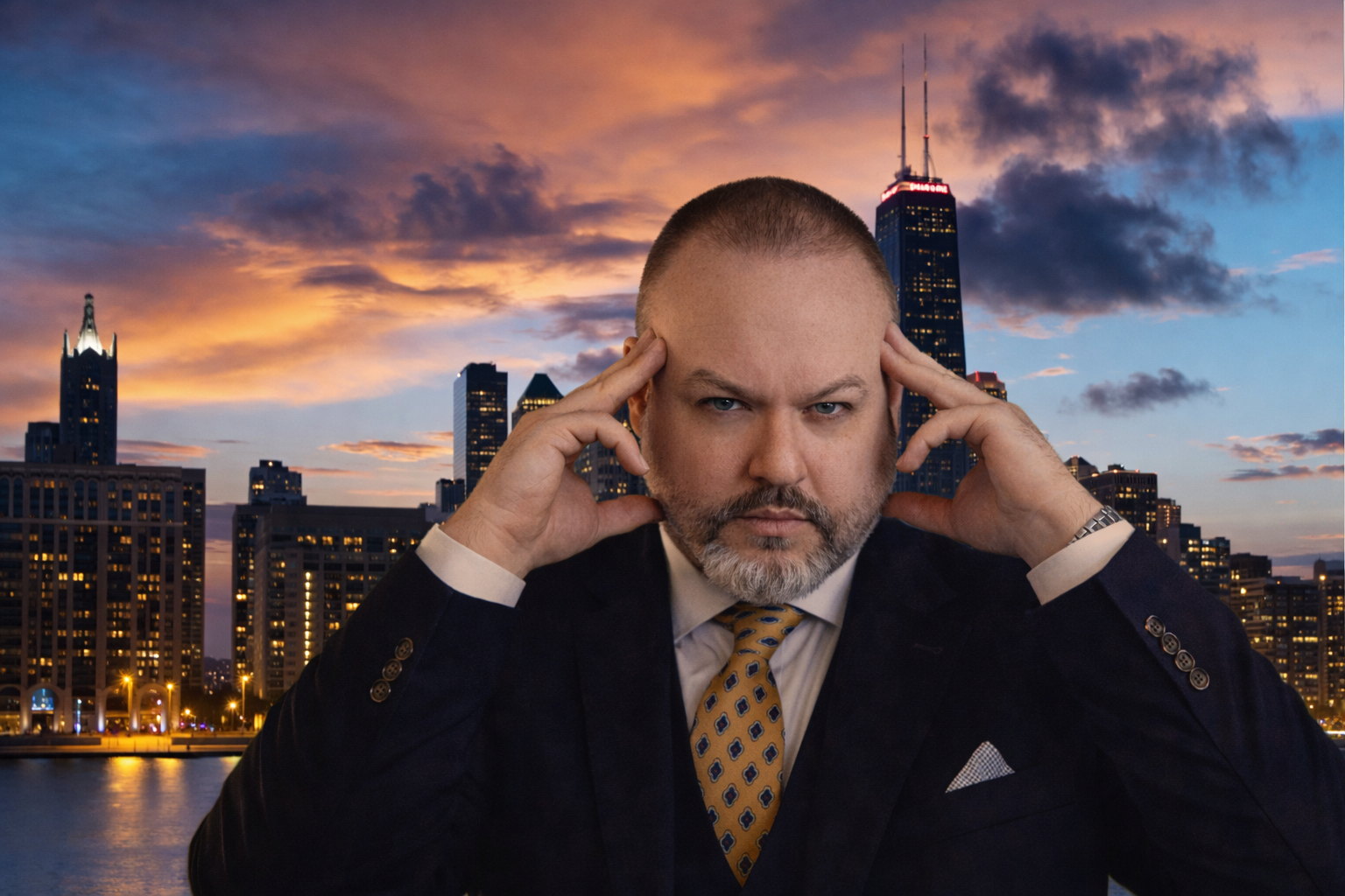 Nicholas Gentry, an executive mentalist, posed with hands at his temples in a dark suit and patterned tie, standing before the Chicago skyline at dusk with city lights reflecting on Lake Michigan.