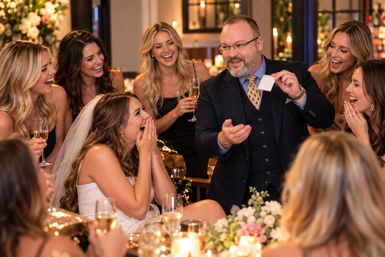 Gentry, a mind reader, reveals a prediction to a laughing bride and her bridesmaids at a bachelorette party dinner.