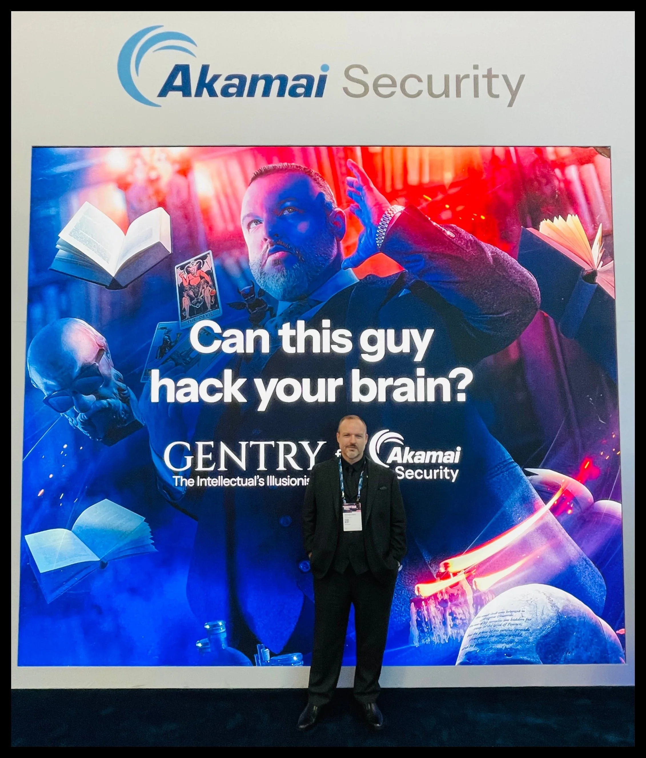 Trade show mentalist Gentry at the Akamai Security booth at Black Hat USA 2026