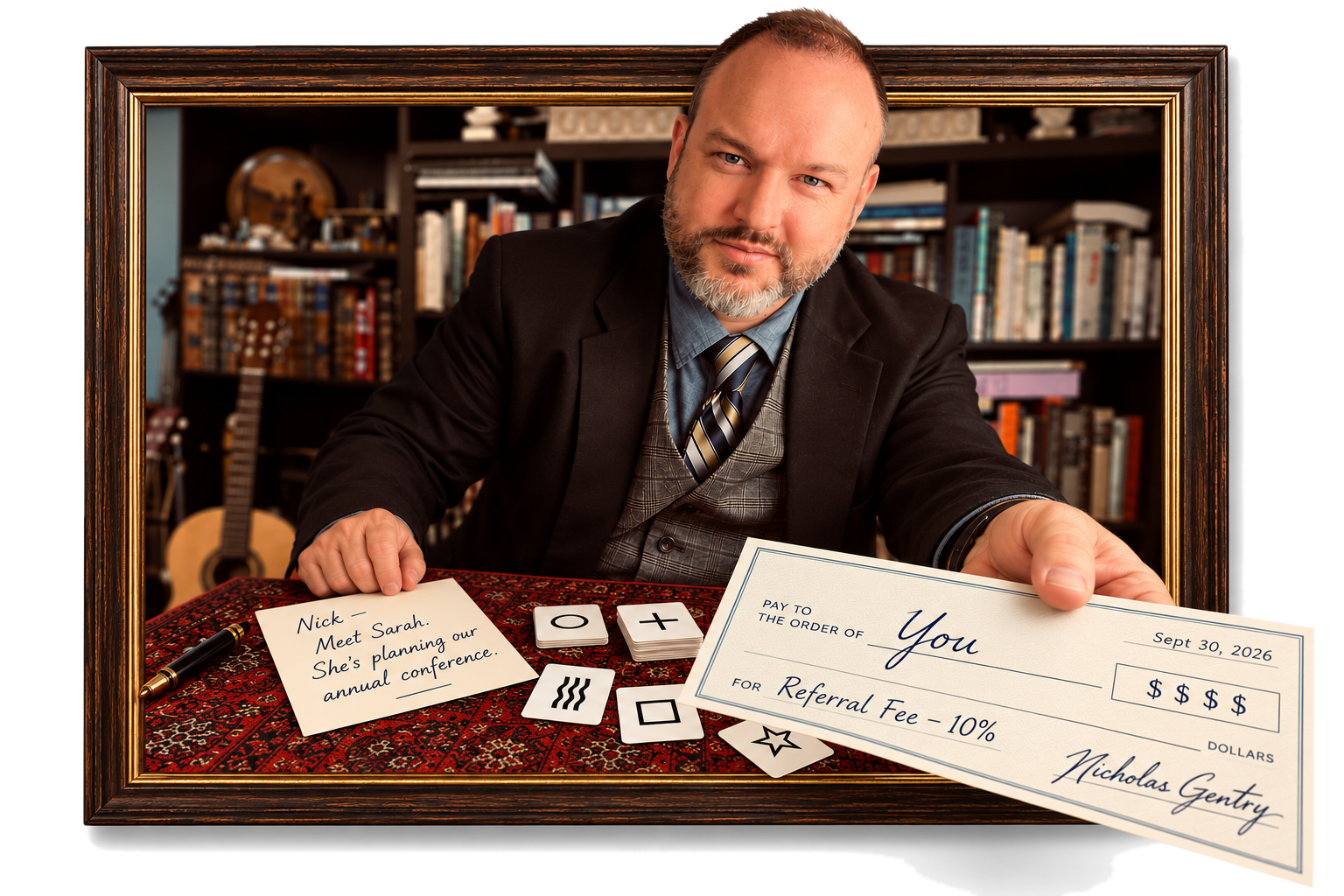 Gentry, corporate mentalist, reaching out of a picture frame to hand you an oversized referral-fee check, with an introduction note and Zener cards on the table.