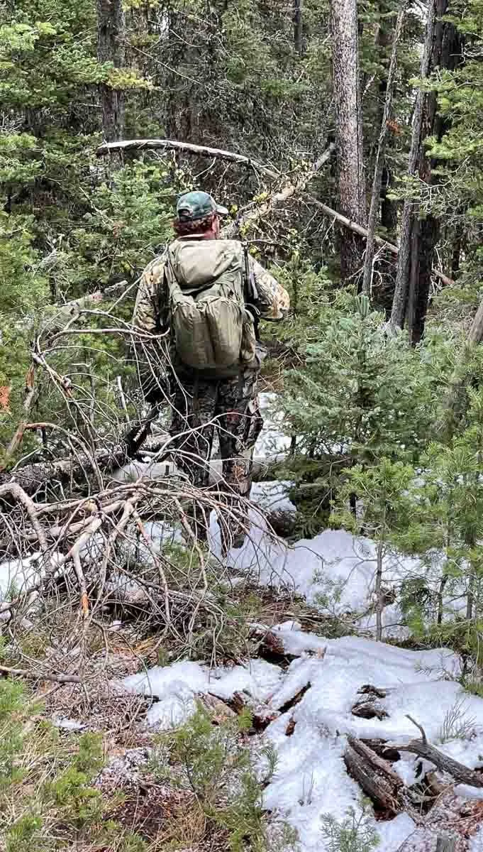 Person in camouflage with backpack walking through a snowy forest.