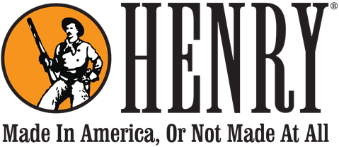 Logo of Henry Rifles featuring an illustration of a man holding a rifle and the text 'Made in America, Or Not Made at All.'