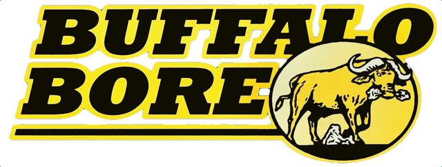 Buffalo Bore logo featuring bold black text outlined in yellow and an illustration of a buffalo within a yellow circle.