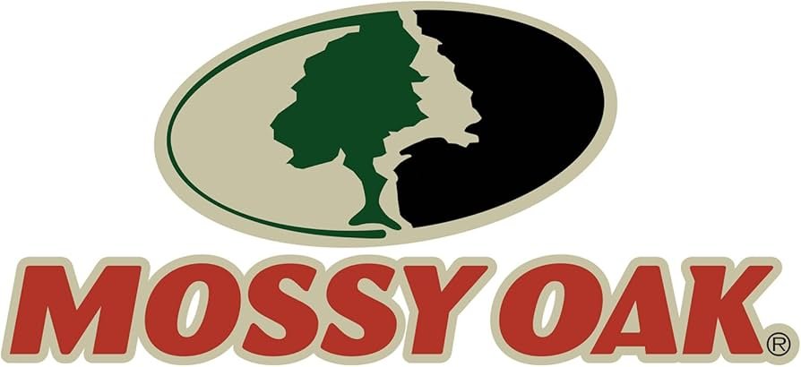 Mossy Oak logo with a green and black tree silhouette inside an oval shape, and the words "Mossy Oak" in bold red lettering below.