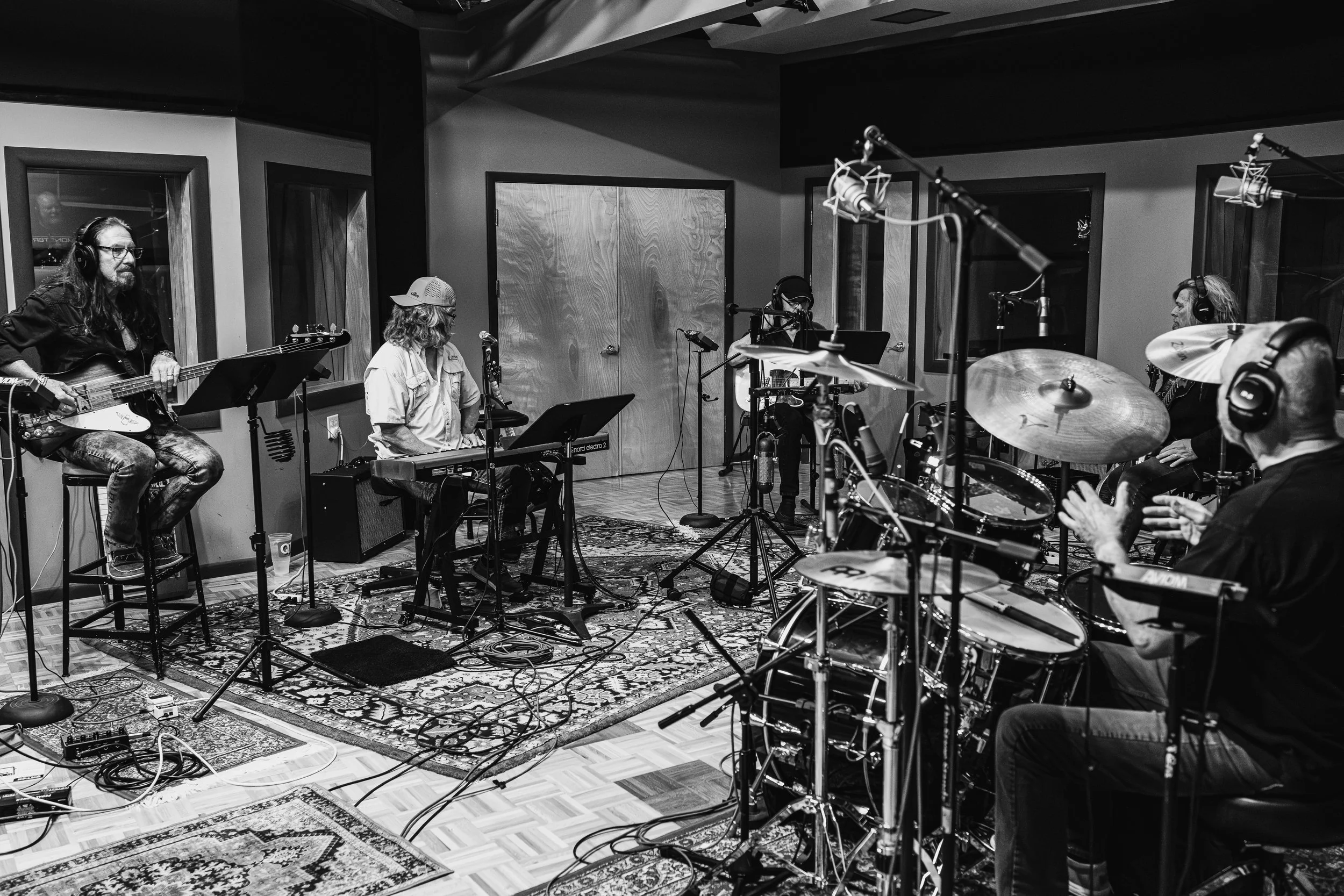 Barry Dunaway, Bobby Capps, Don Barnes, Jerry Riggs and Gary Moffatt recording Milestone at Real2Real Studios