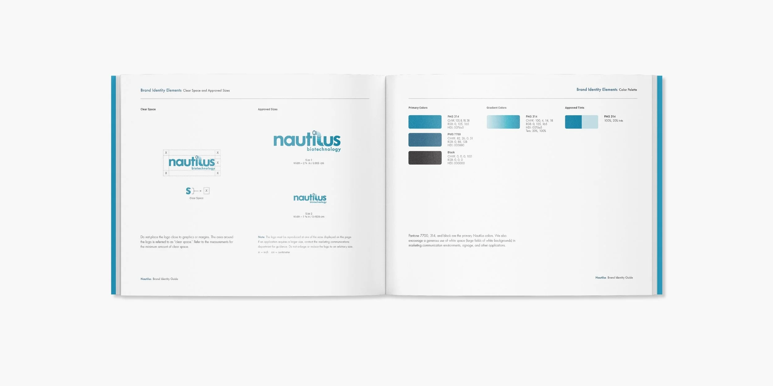 Open brand identity guidelines book displaying logo placement, color palette, and branding specifications for Nautilus Biotechnology with blue, black, and gray colors.
