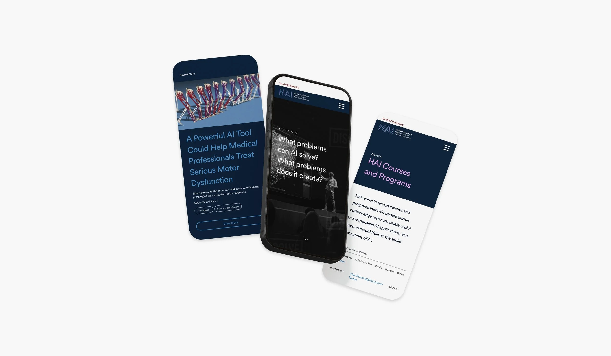 Three smartphones display different content: one with a healthcare article about AI tools, another with a question about problems AI can solve, and the third with information about HAI courses and programs from Stanford University.