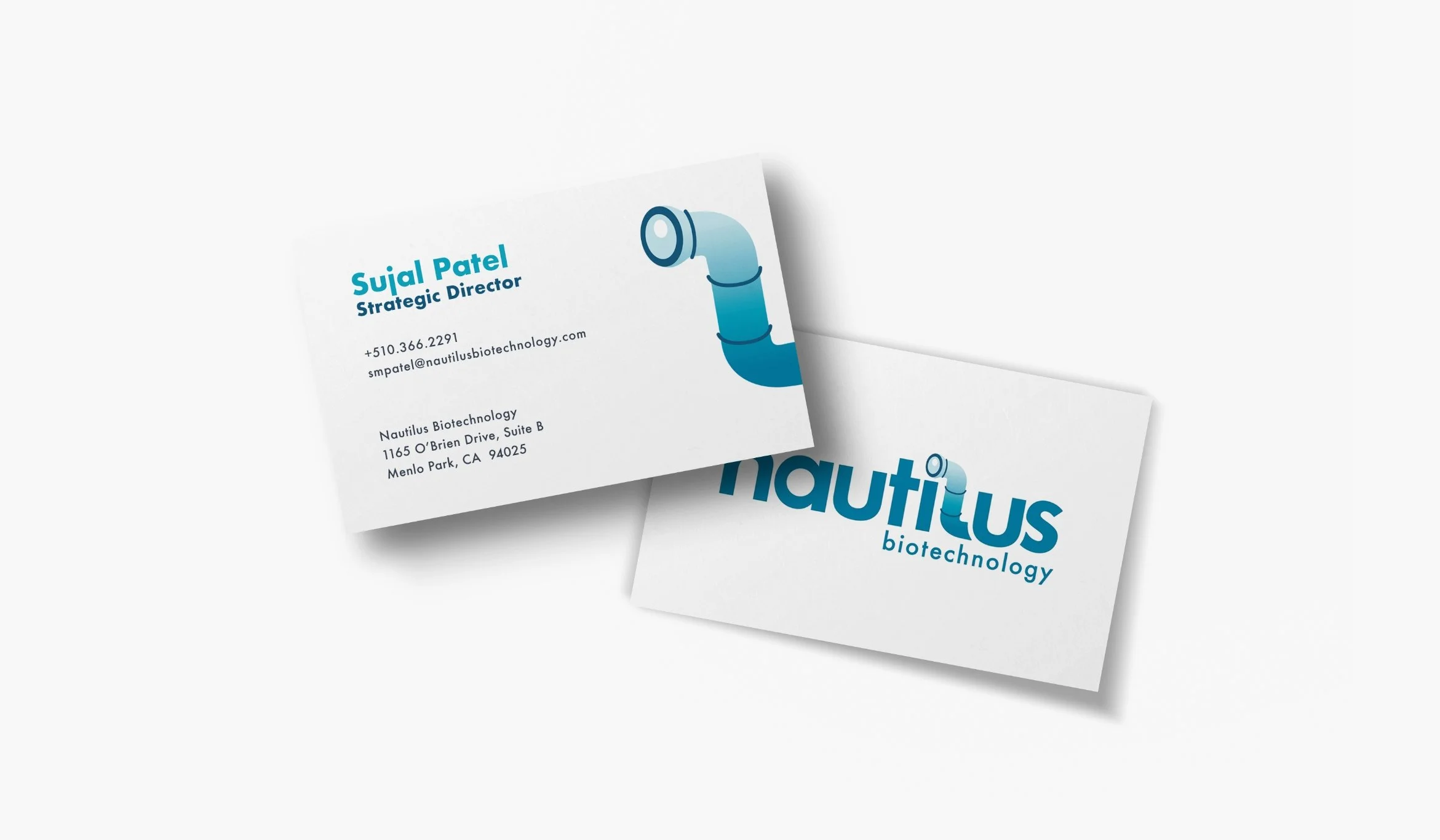 Business cards for Nautilus Biotechnology featuring the name Sujal Patel, Strategic Director, contact information, and a logo with a blue pipe illustration.