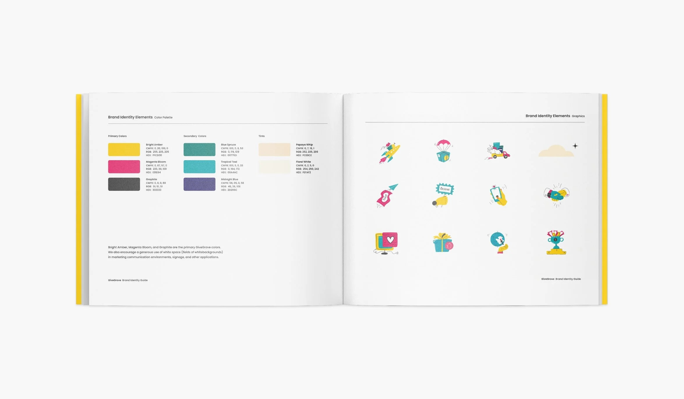 Open brand identity guide showing color palette and icons for a marketing or branding project.