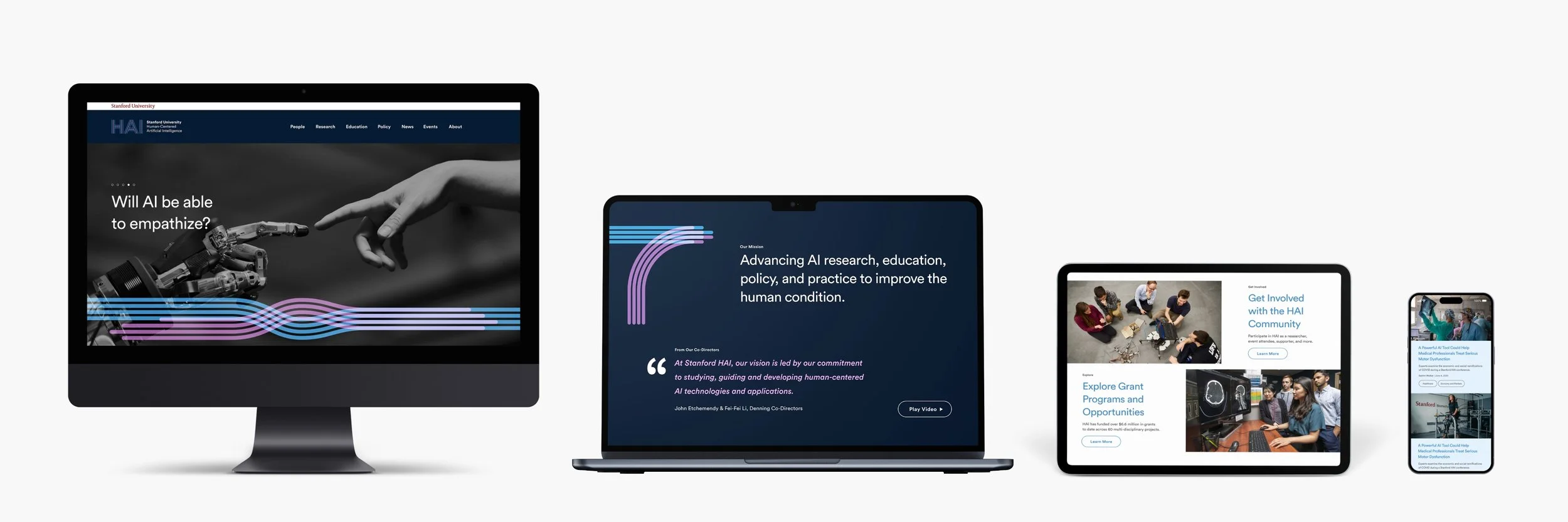 Screenshots of website pages about artificial intelligence research, education, and community involvement displayed on various digital devices.