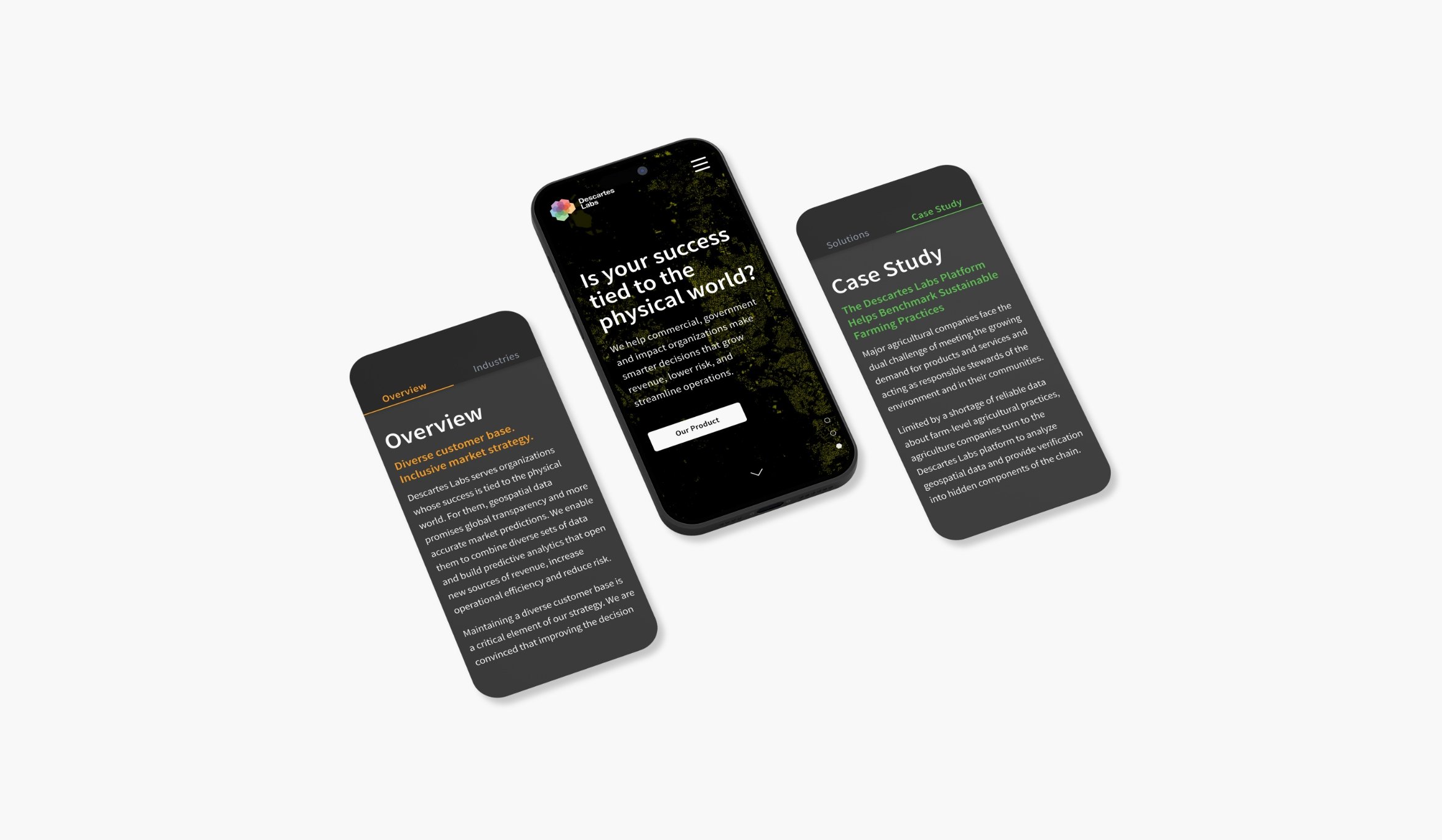 Three smartphones displaying a website or app with dark themes and green highlights, with the middle phone showing the text 'Is your success tied to the physical world?' and the others showing different sections of the content.