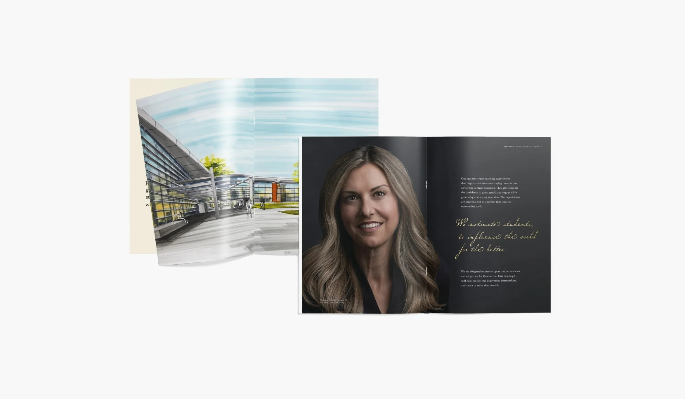 An open magazine showing an urban architectural illustration on the left page and a portrait of a woman with long blonde hair and a black top on the right page, with text about inspiring students.