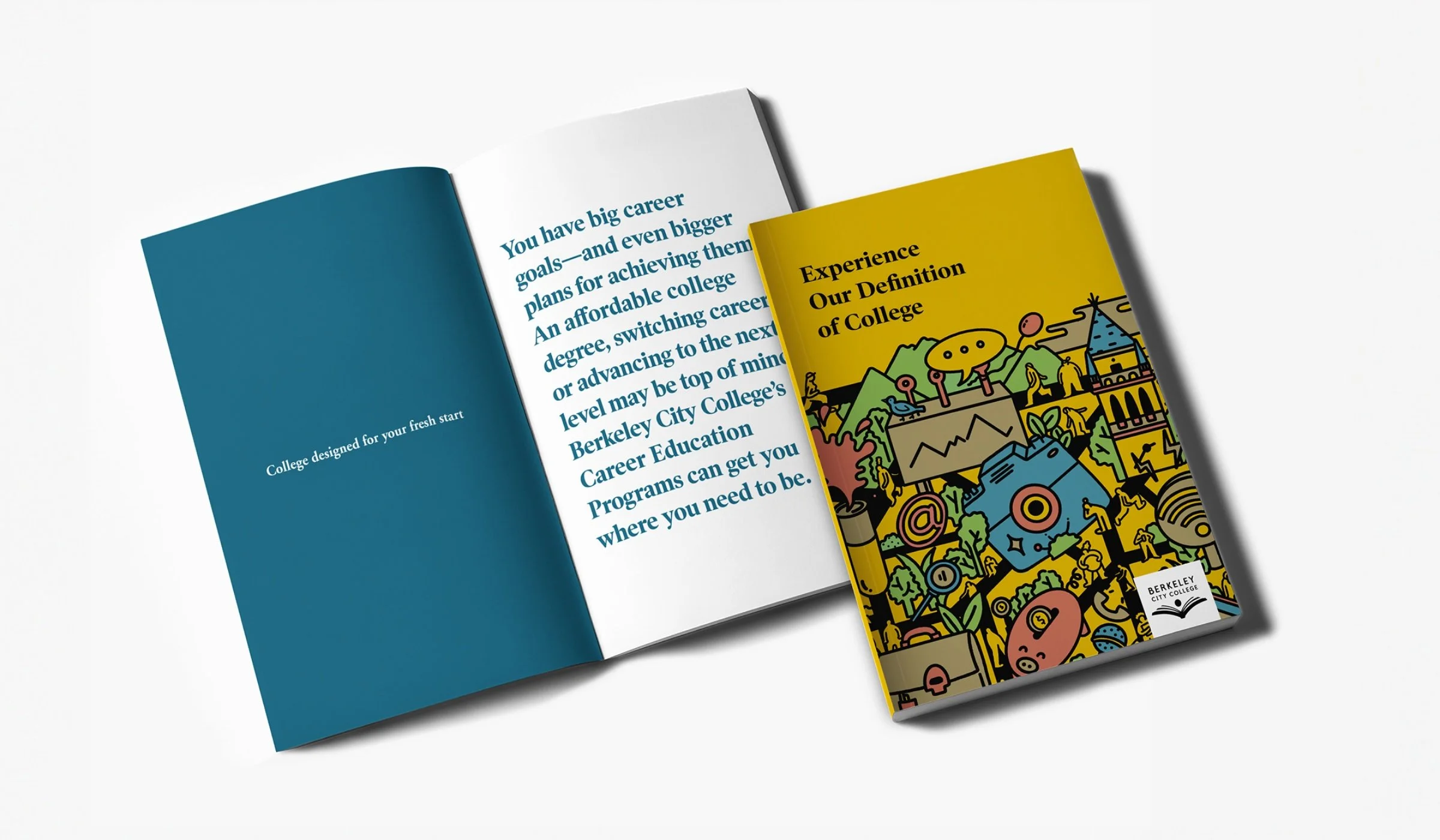 Open college brochure displaying colorful cover with illustrations of mountains, trees, and buildings, alongside pages with text about college goals and career education.