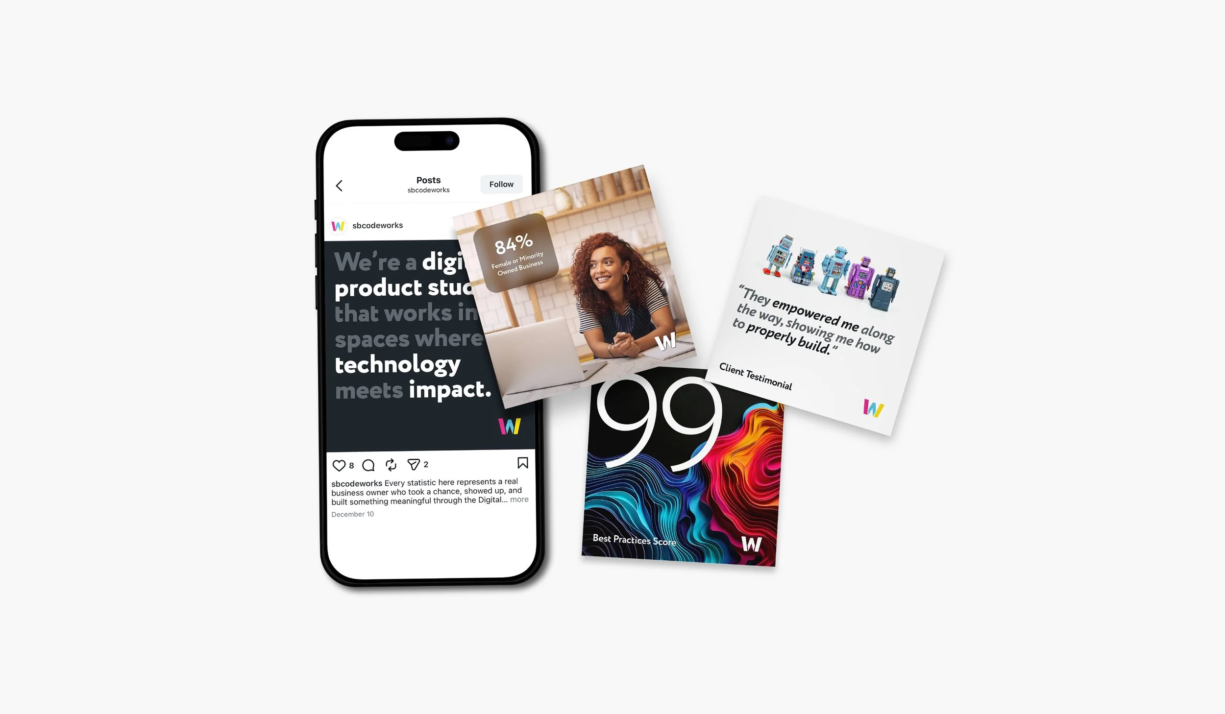 Smartphone displaying an Instagram post from sbcodeworks, with a profile picture, caption, and engagement icons. Surrounding it are various marketing and testimonial cards with colorful designs, a woman smiling, and graphic elements.