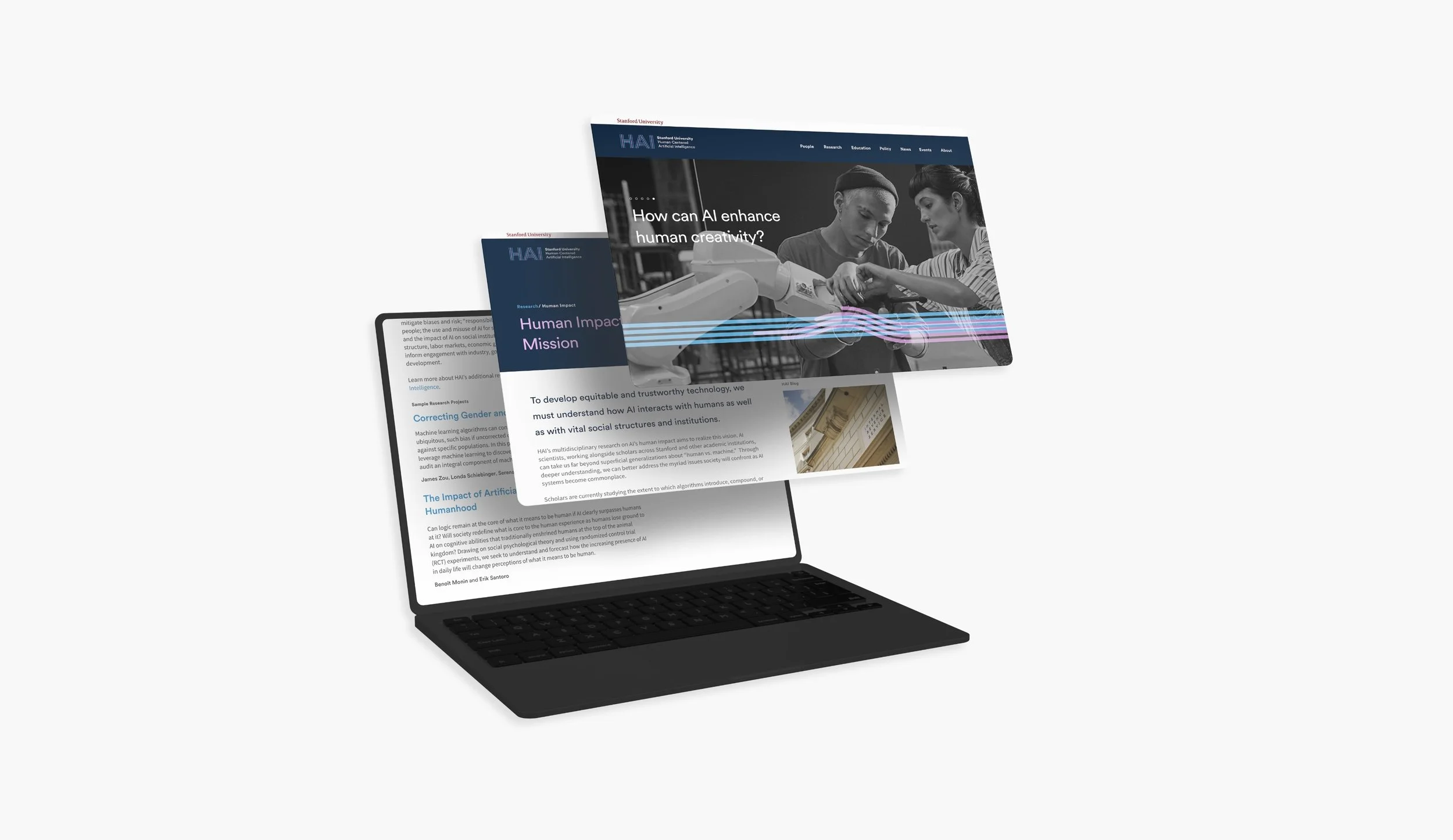 A digital collage showing a laptop with an open web page and books or posters floating above it, focusing on artificial intelligence research at Stanford University.