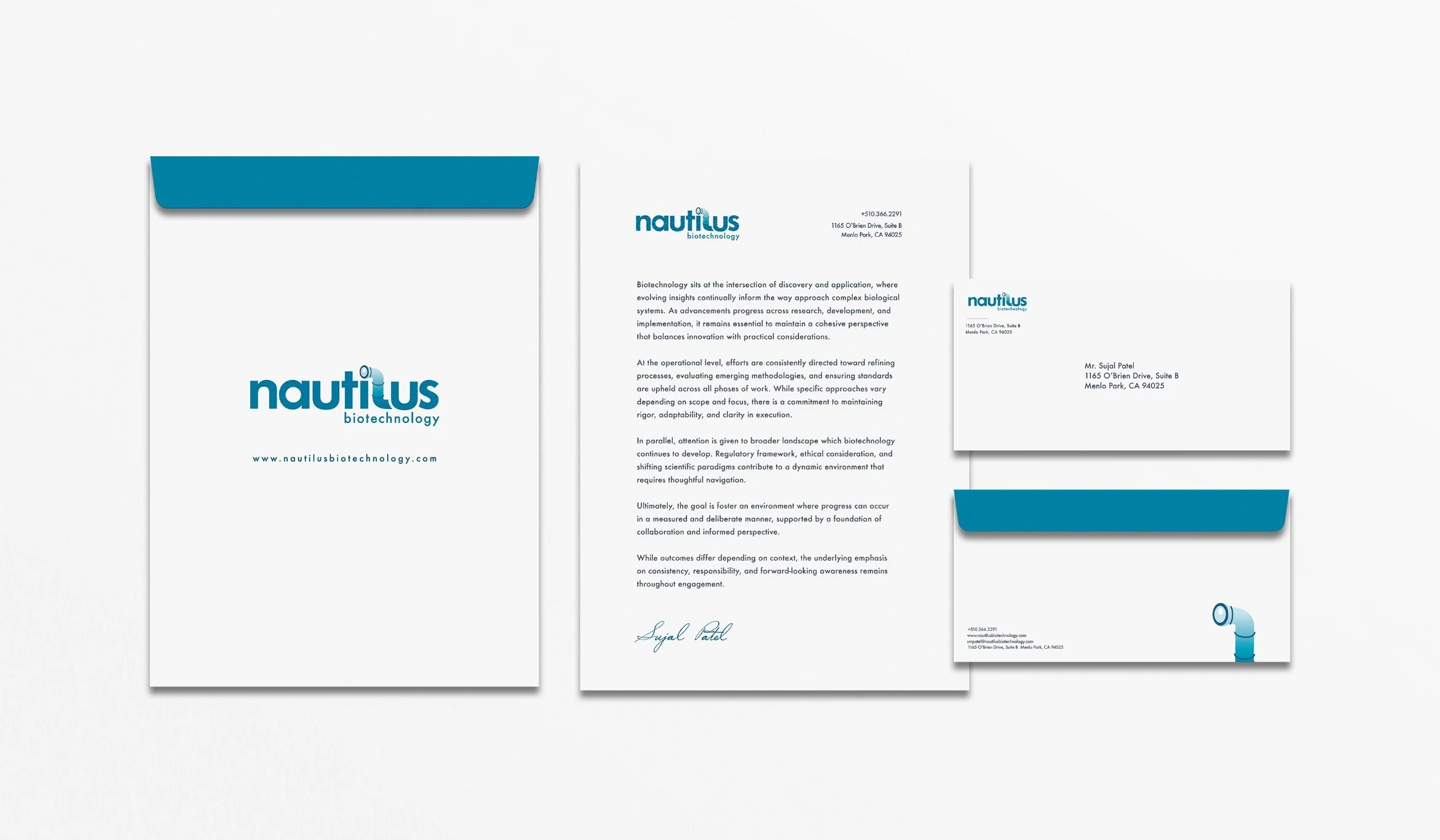A set of professional stationery including letterhead, business card, and envelope for Nautilus Biotechnology, featuring a blue and white color scheme with a logo, contact information, and a paragraph of text.