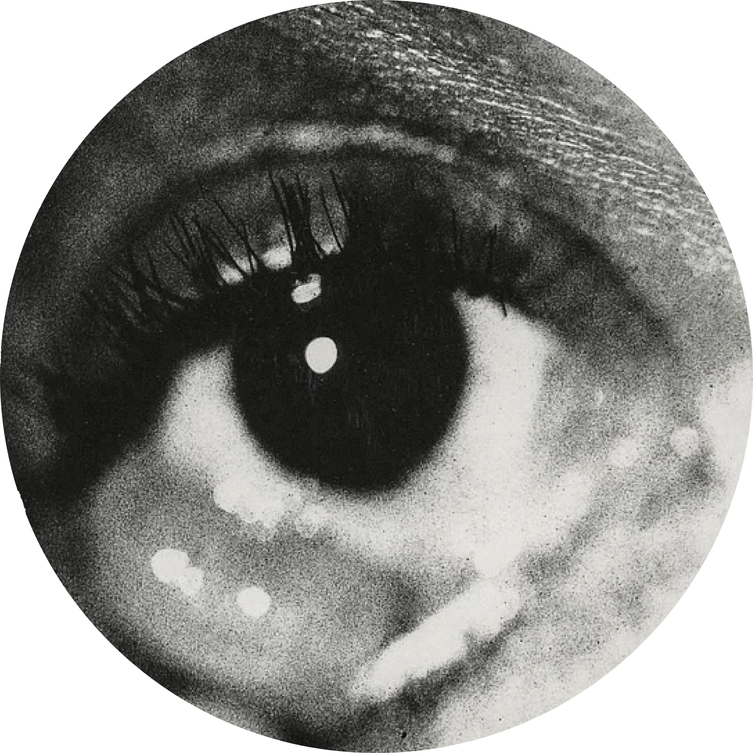 Close-up black and white photograph of a human eye, showing detailed iris and eyelashes, with some light reflections on the cornea.