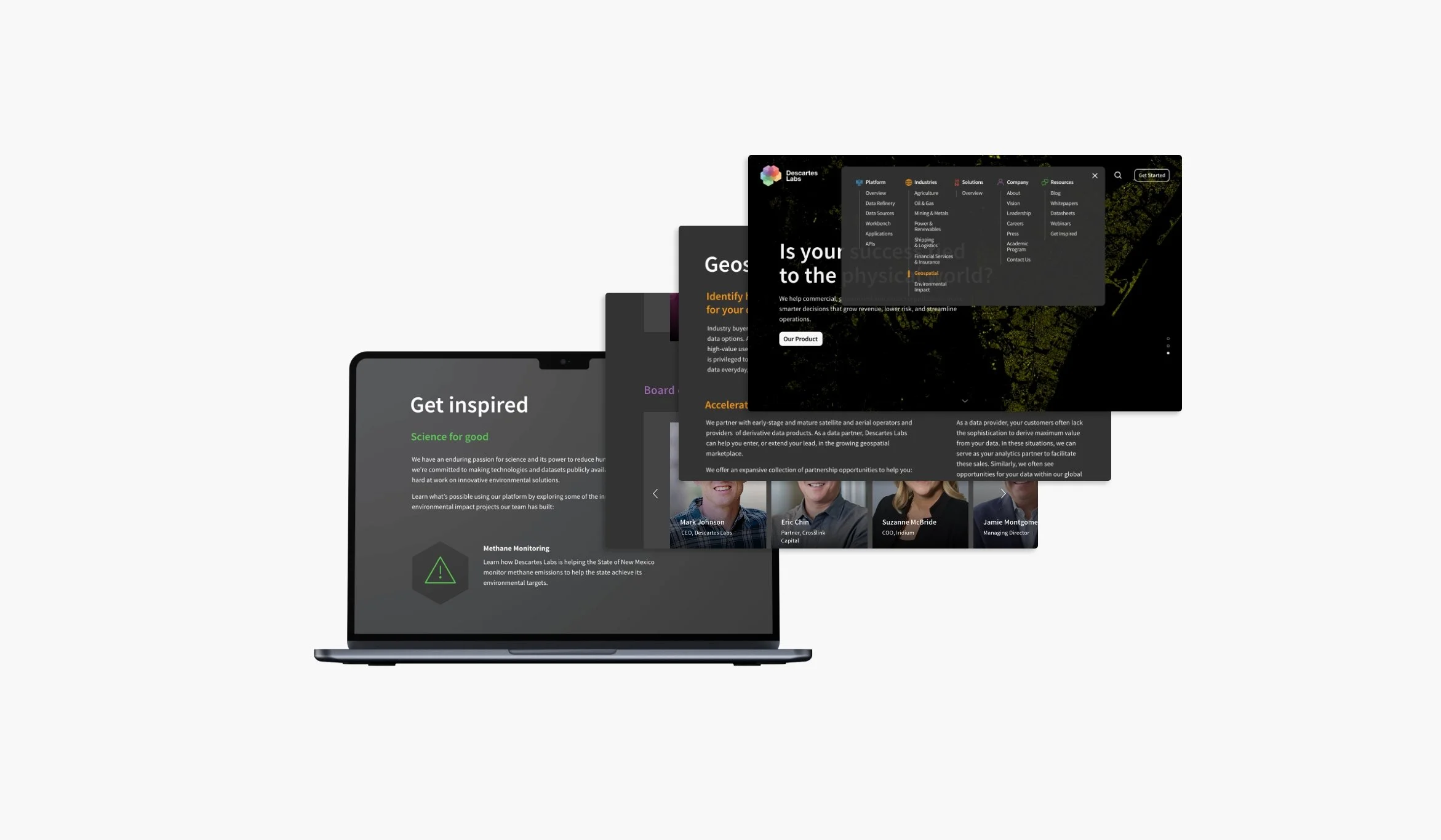 Multiple overlapping computer screens displaying website content and team member photos, with a focus on technology and data analysis.