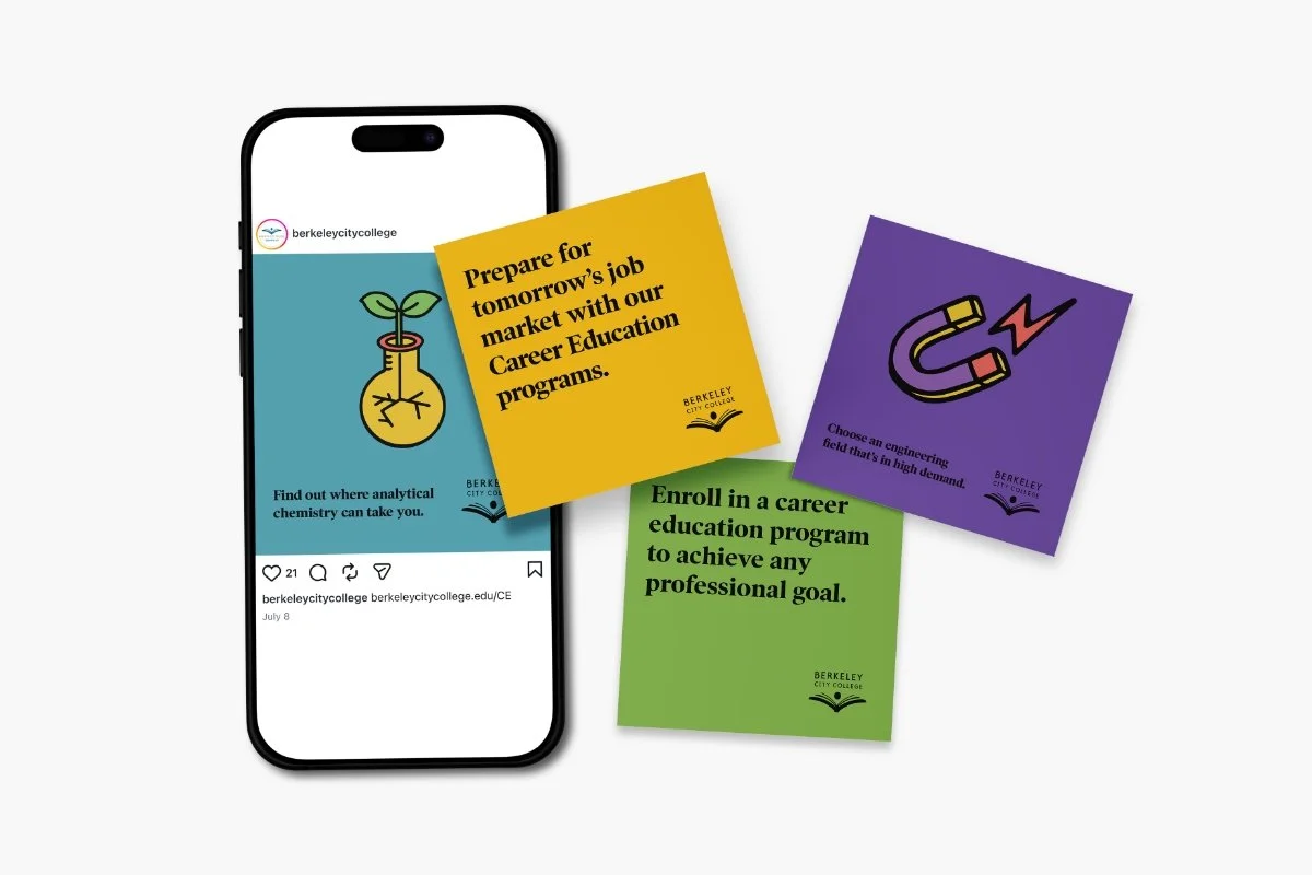 A smartphone displaying Berkeley City College's Instagram page, surrounded by four colorful career education promotional cards with messages about career goals and programs.