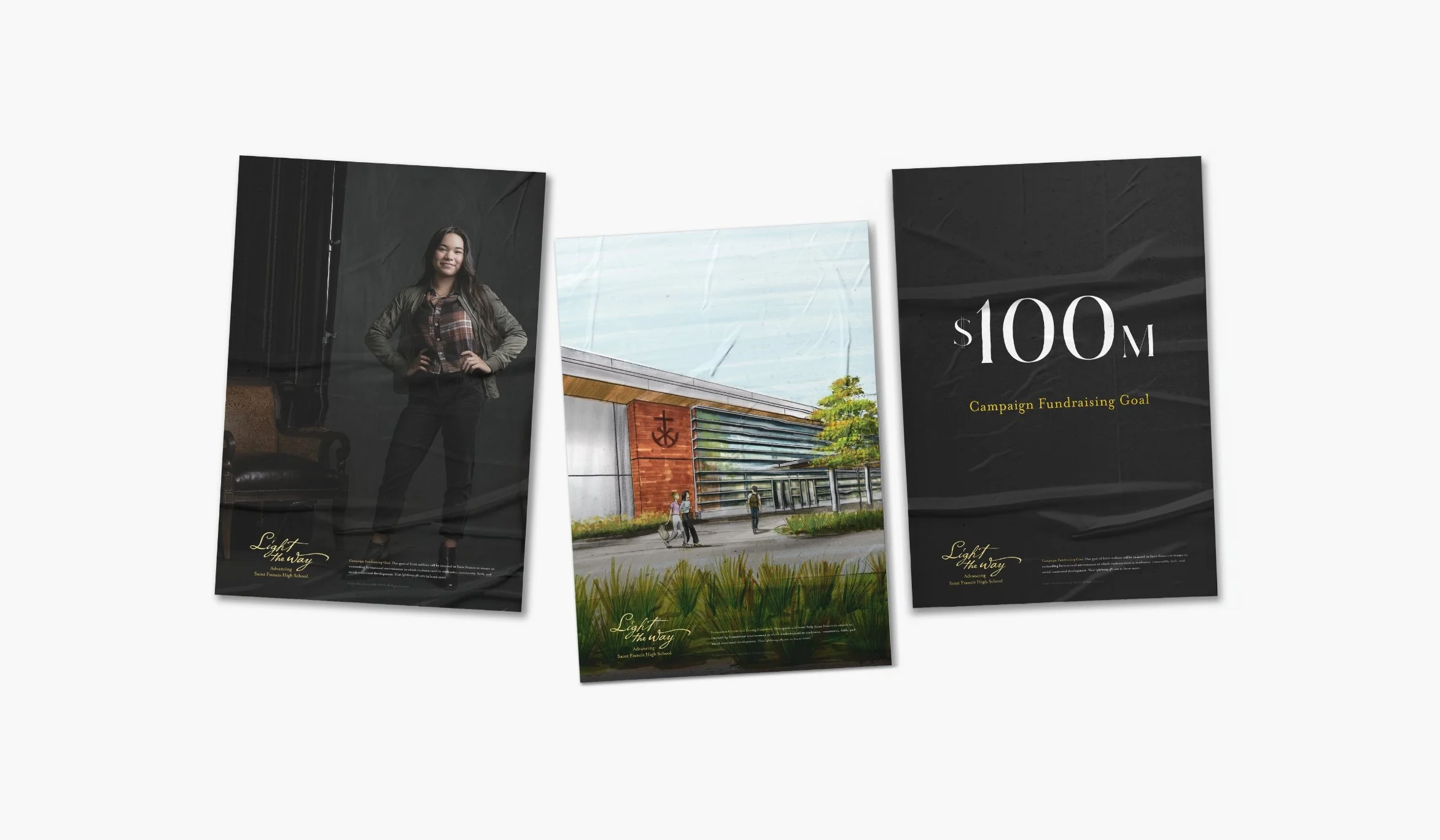 Three vertical posters for a high school with one featuring a woman in a plaid shirt and jacket, another showing a modern school building with trees outside, and a third displaying a fundraising goal of 100 million dollars.