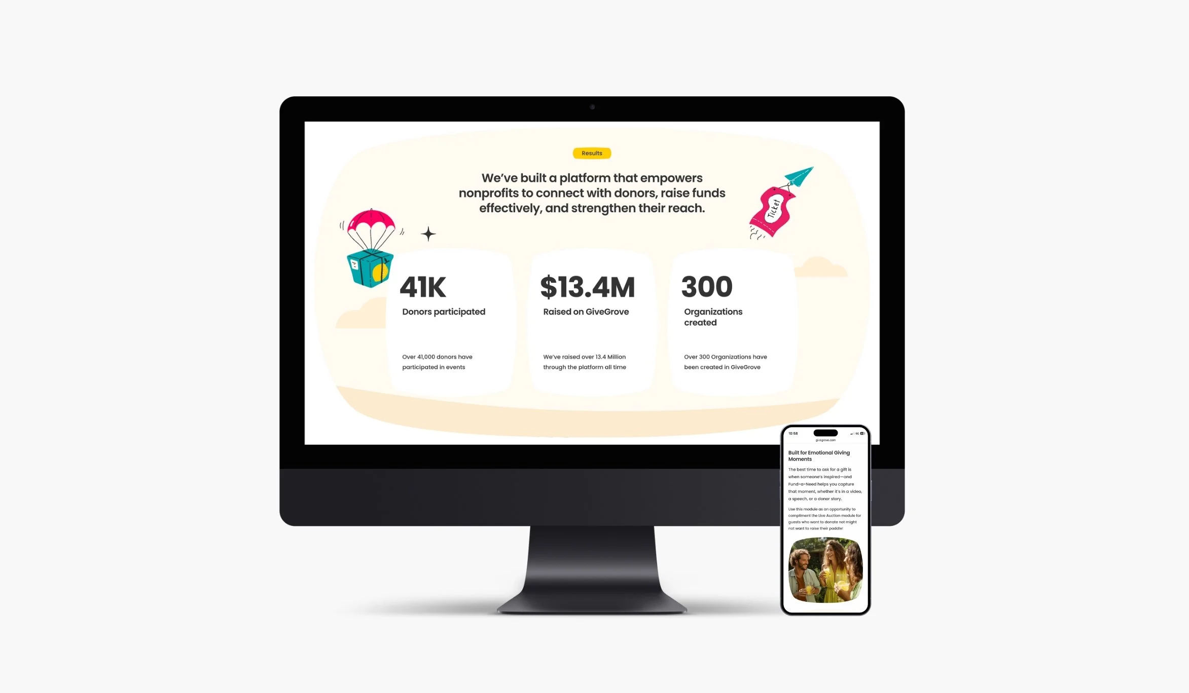 A computer monitor displaying an infographic with statistics about a platform that supports nonprofits, including numbers of donors, funds raised, and organizations created, with colorful illustrations of a parachute and a ticket.