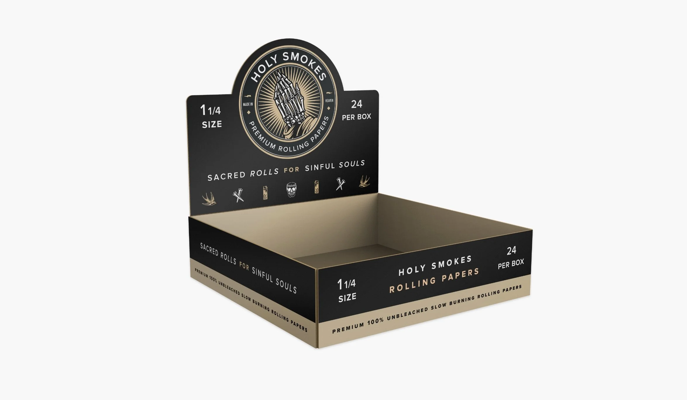 Black open display box of Holy Smokes premium rolling papers, 1 1/4 size, 24 per box, featuring religious and skull icons on the front.