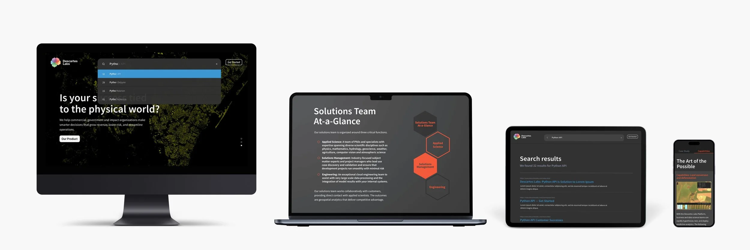 The image shows four electronic devices: a desktop monitor, a laptop, a tablet, and a smartphone, all displaying various webpages related to data science, programming, and solutions teams, with dark themes and colorful accents.