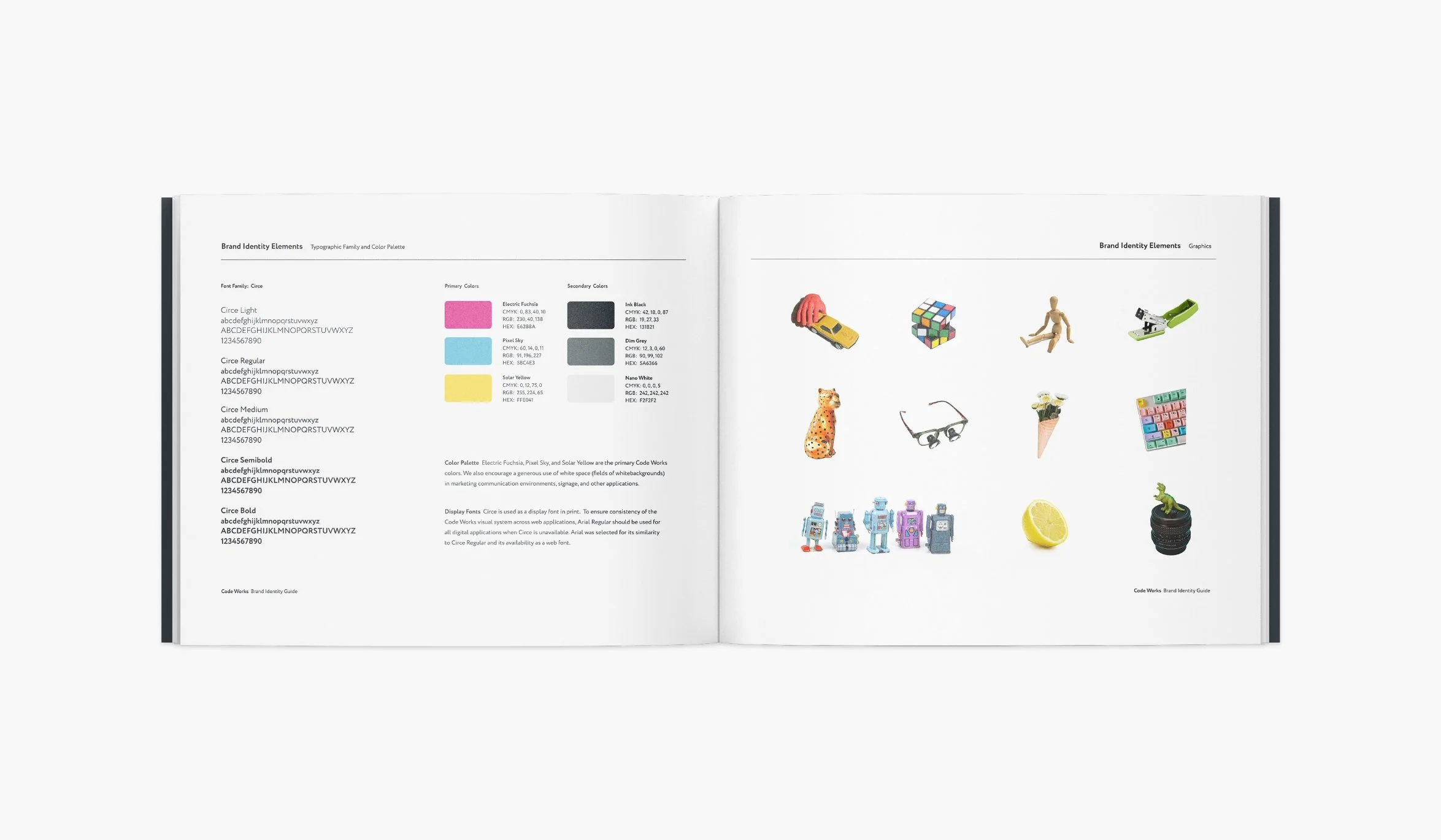 Open magazine showing brand identity elements, including typography and color palette, with various small objects such as a toy vehicle, Rubik's Cube, wooden mannequin, cutting tool, toy leopard, sunglasses, ice cream cone, lemon, toy camera, and small robot figures on the pages.
