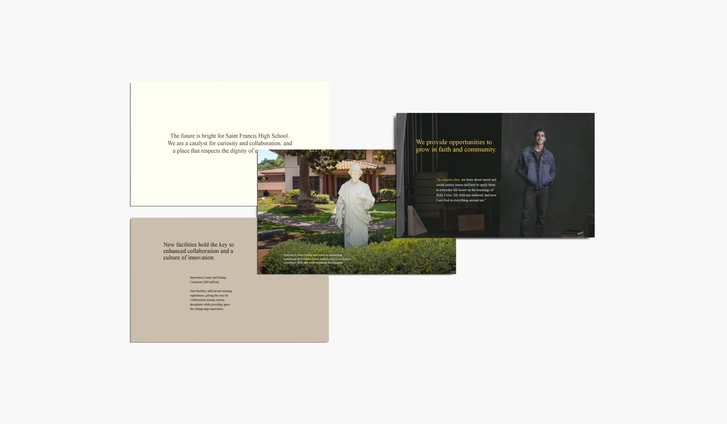A collage of digital images including a white background with text about Saint Francis High School, a photo of a statue outside a building, a photo of a smiling young man in a denim jacket, and sections with text about opportunities for growth and innovation.