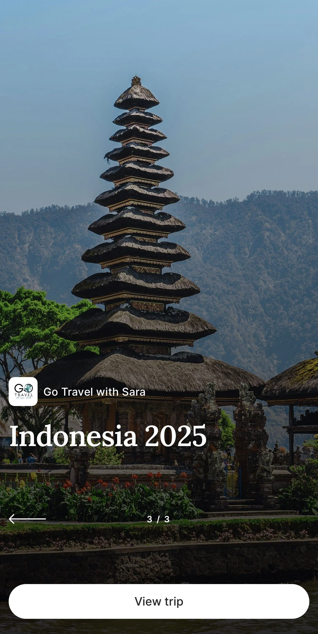 Tourist pamphlet cover for Indonesia 2025, featuring a tall pagoda-style structure with multiple thatched roofs against a background of green mountains and clear blue sky.