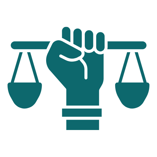 A stylized icon of a hand holding a balanced scale, symbolizing justice or law.