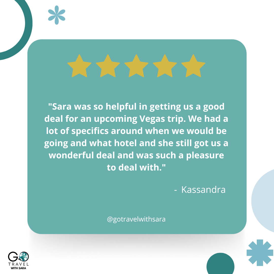 Customer review with five gold stars and a quote about Sara's helpfulness in hotel and travel planning, attributed to Kassandra, with social media handle @gotravelwithsara, and travel theme graphic elements.