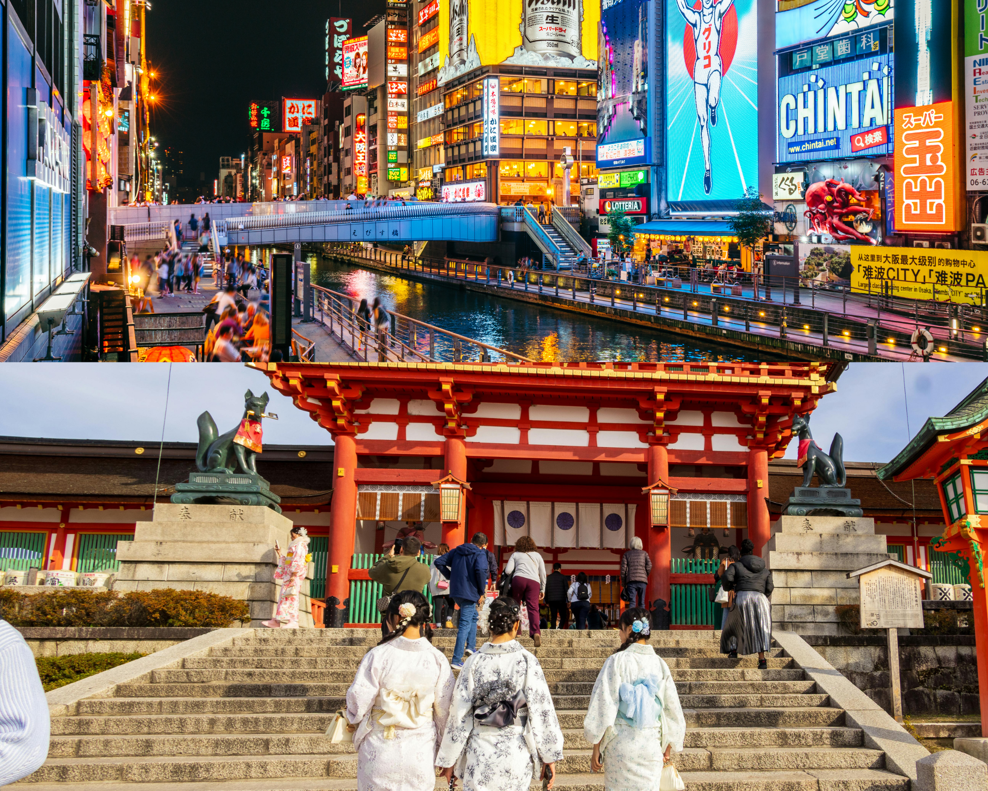 People dressed in traditional kimonos walking up the stairs of a temple in Japan. The temple has a red gate and statues of foxes on either side. The scene appears to be during the daytime.