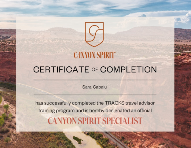 Certificate of completion from Canyon Spirit, awarded to Sara Cabalu for completing the TRACKS travel advisor training program, with a canyon landscape background.