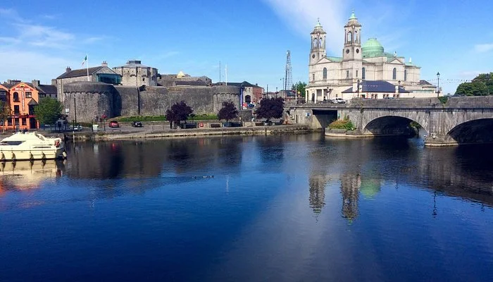 13th-century stone battlements of Athlone Castle along the River Shannon in Athlone, Ireland