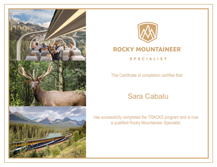 Certificate of completion from Rocky Mountaineer for Sara Cabalu, featuring images of a scenic train journey through mountains, a deer with antlers, and a glass-enclosed train carriage with passengers and mountain views.